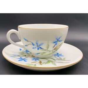 Vintage J P Limoges France Teacup Saucer Gold Trim Blue Flowers Replacement